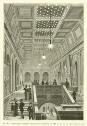 Die Treppe der Internationalen Elektrizitätsausstellung, 1881, beleuchtet von Edison- und Swan-Lampen